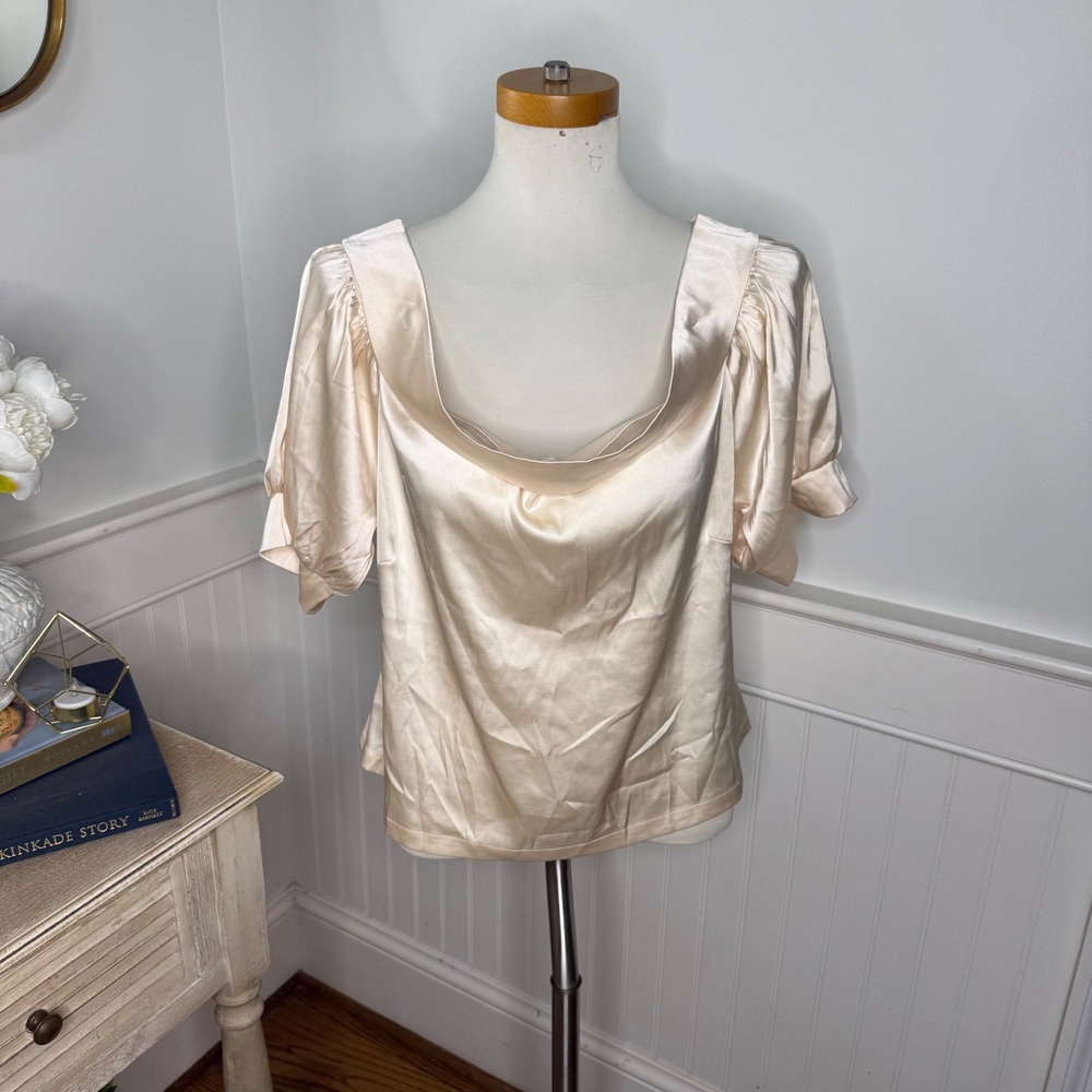 SHUG Women Large Champagne Satin Cowl Neck Puff Sleeve Blouse Top RN NWOT